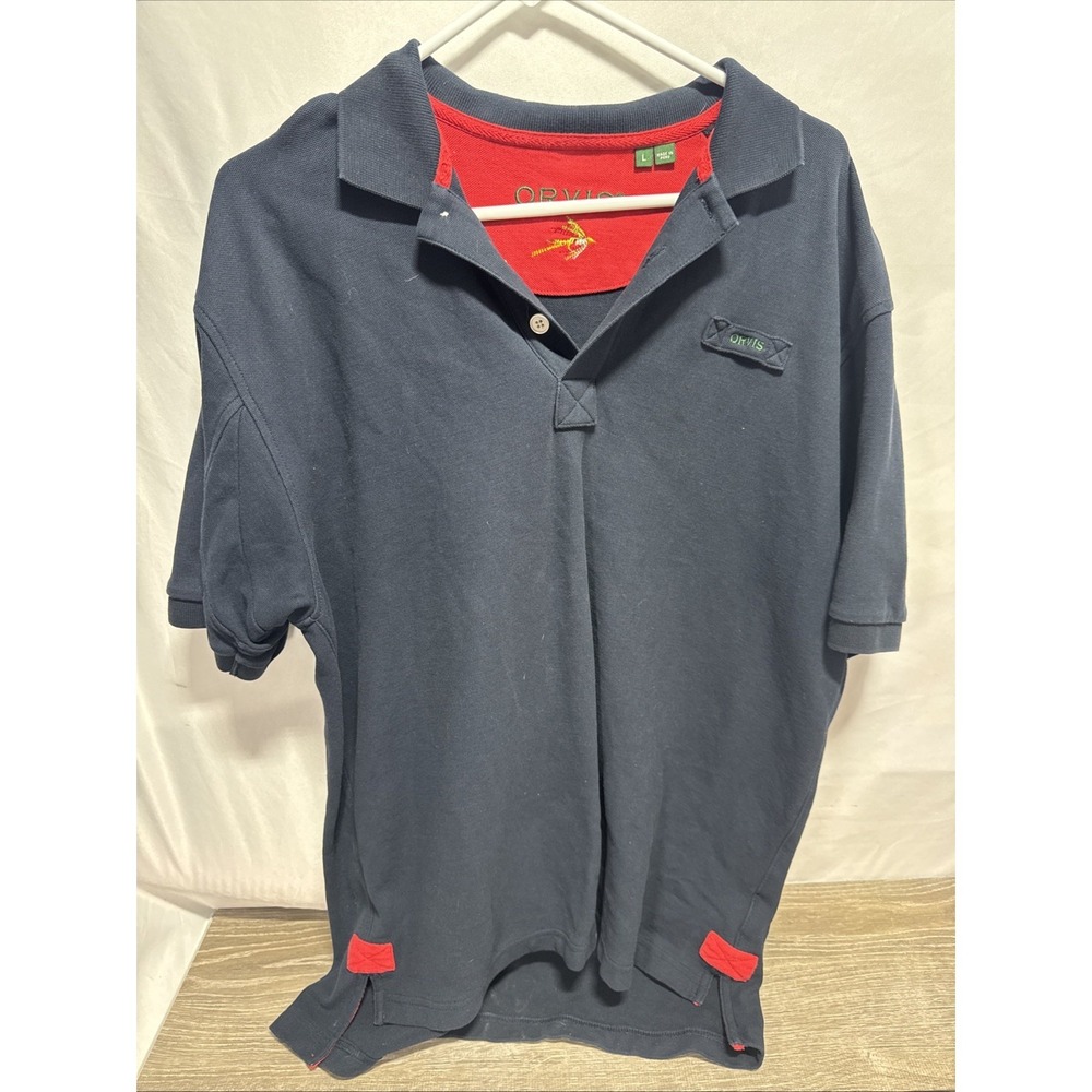 Orvis Mens Polo Shirt Size L Dark BlueShort Sleeve Golfing Fishing Norm core